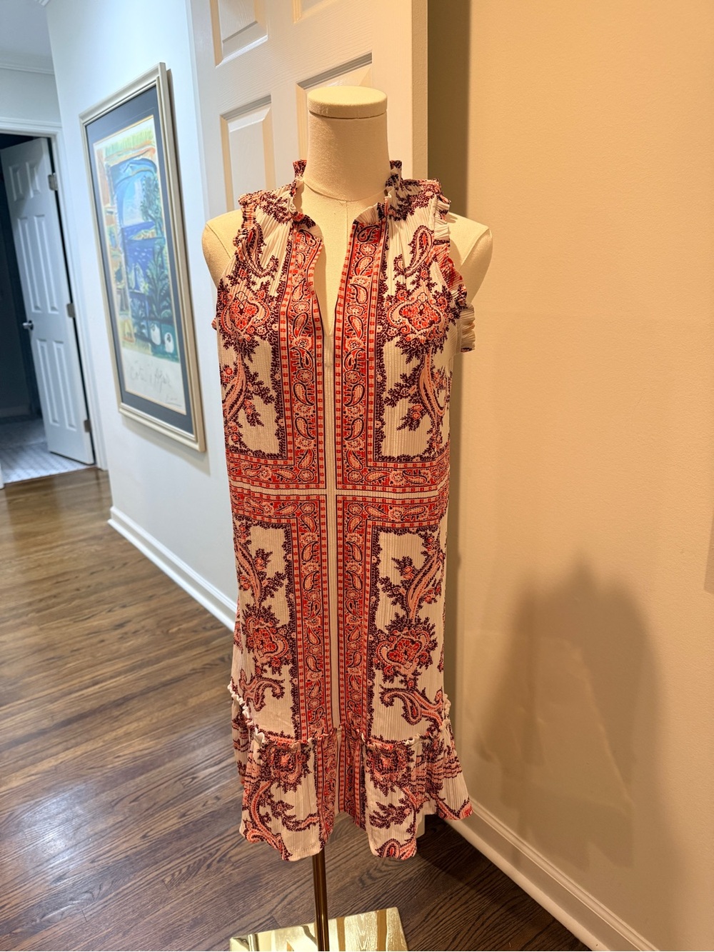 Sleeveless Pink Paisley Ruffled Hem Dress